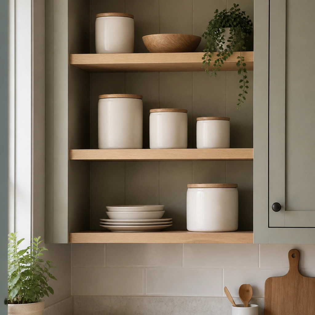 Open shelving with light oak boards showing wood grain, surrounded by gray-sage painted cabinet frames; a few white ceramic canisters sit on the shelves.