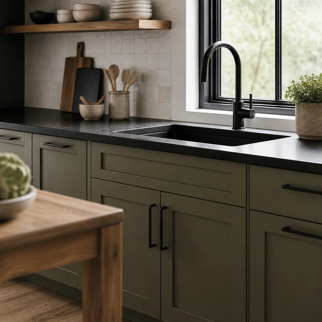 Olive-sage lower cabinets with black matte bar pulls, a black gooseneck faucet, and a dark stone-look countertop; a small plant sits near the window.