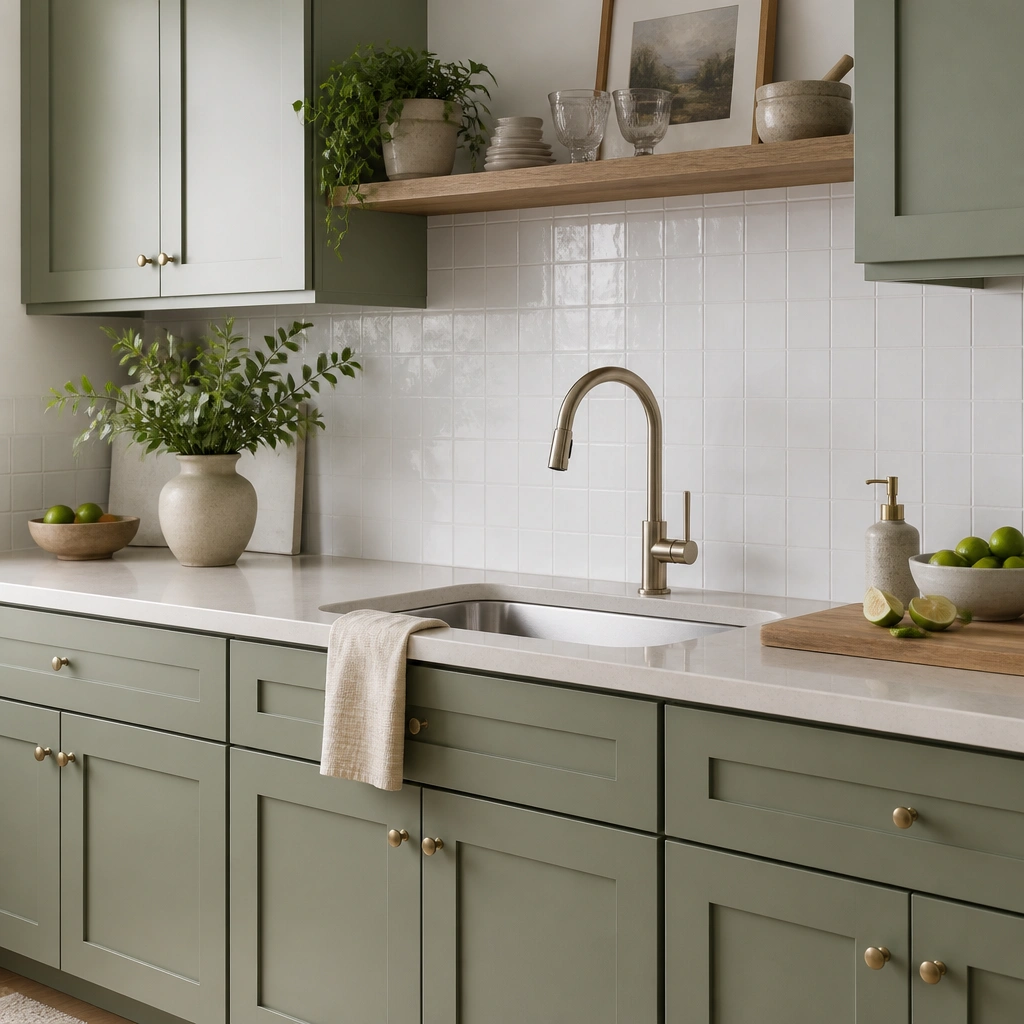 Classic shaker cabinet doors painted sage green with clean lines, paired with creamy quartz countertops and a white tile backsplash; stainless sink is visible.