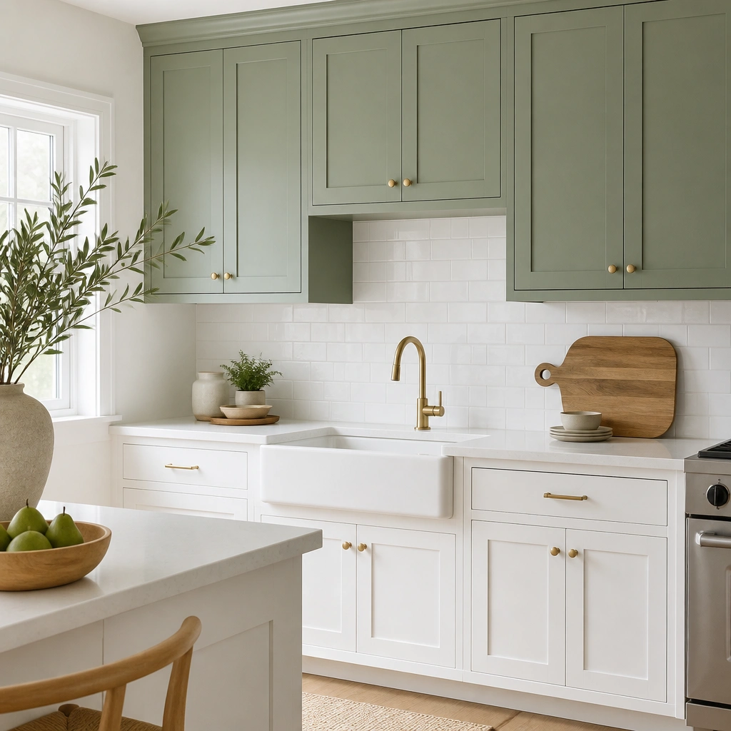 Upper cabinets painted sage green while lower cabinets remain clean white; a white backsplash and a wooden cutting board on the counter are shown.