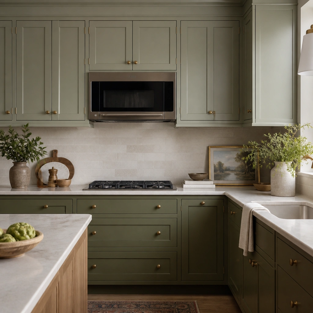 Upper cabinets painted dusty sage and lower cabinets painted a deeper olive-sage; both have brass knobs and a neutral backsplash; a built-in microwave is centered.