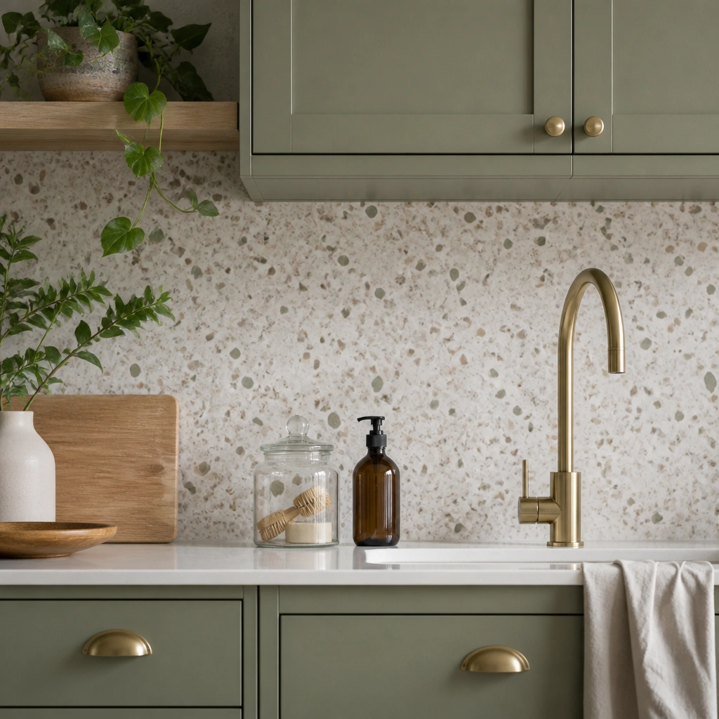 Sage green cabinets with a speckled terrazzo-style backsplash in white, beige, and soft gray; a glass jar and dish soap are on the counter.