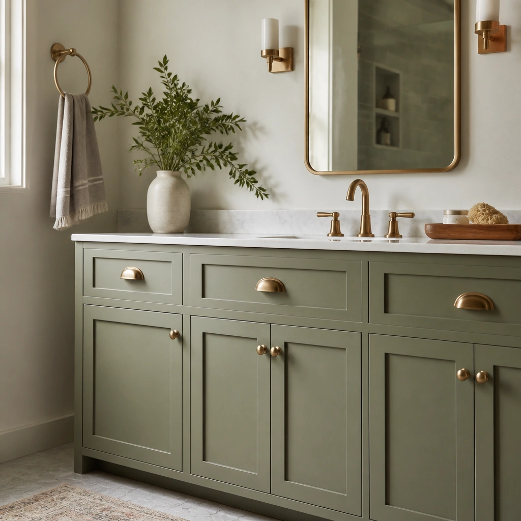 Sage green cabinet doors with brushed brass cup pulls and knobs; a brass towel ring and a warm wood tray on the counter are visible.