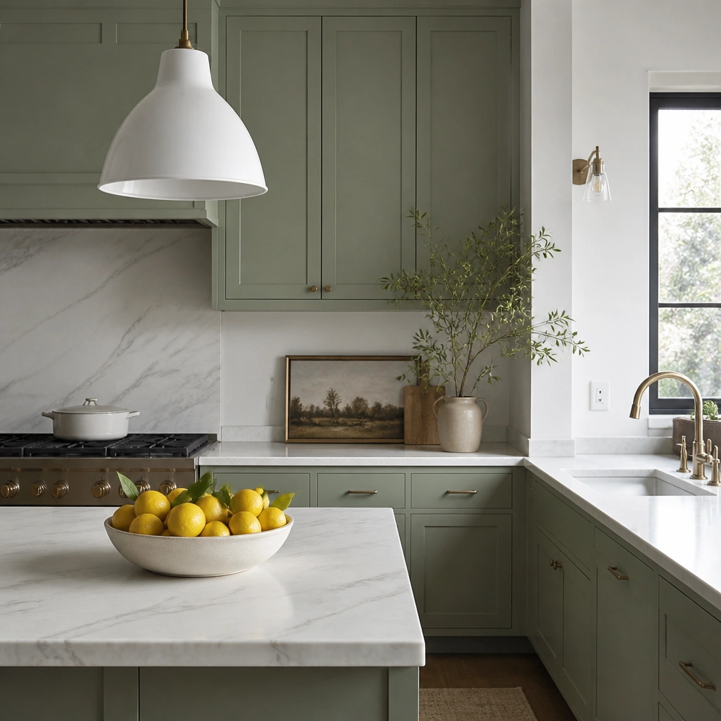 Sage green cabinets with subtle marbling on the countertop in white and pale gray; a white pendant light and a bowl of lemons are on the counter.