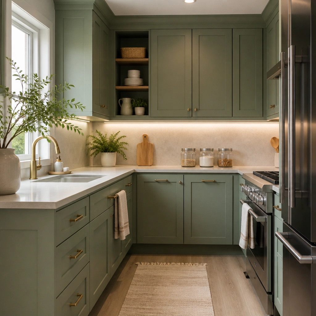Compact kitchen with sage green cabinets, under-cabinet lighting, and light-colored flooring; glass jars and a small plant sit on the counter.