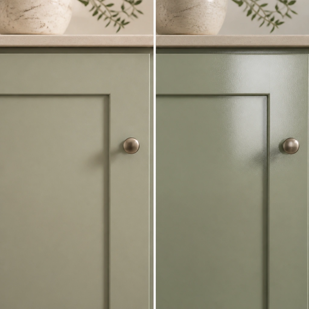 Split image showing two cabinet door finishes: one door in matte sage and one in satin sage, both under the same lighting; a close-up of smooth brush-free paint is visible.