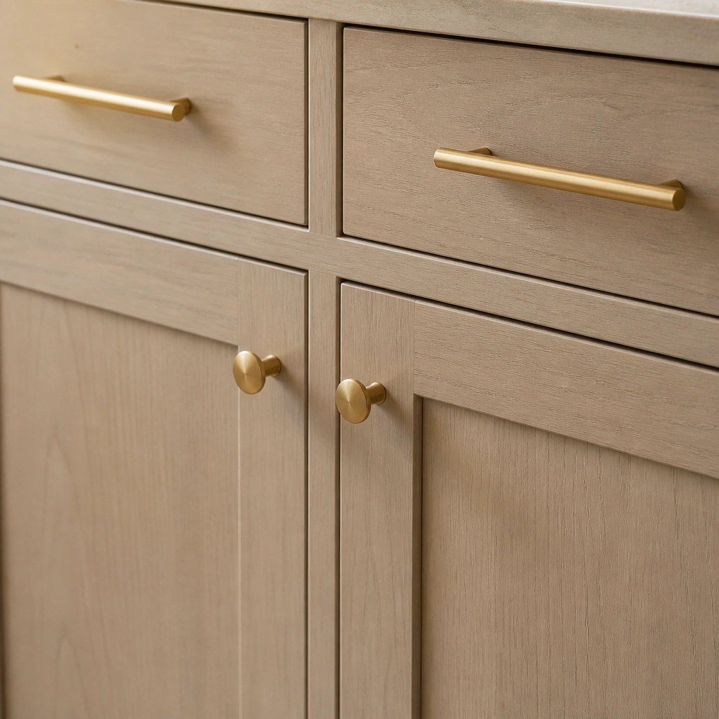 Close-up of cabinet doors with matte brass pulls and knobs. Beige cabinet fronts with visible wood grain and a clean, minimal layout.