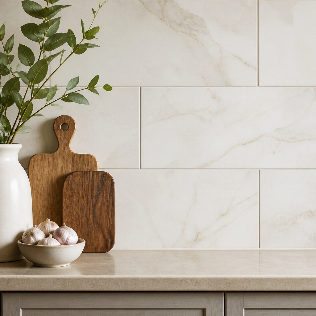 Backsplash featuring off-white tiles with subtle beige veining. Light grout lines and a beige countertop edge visible beneath.