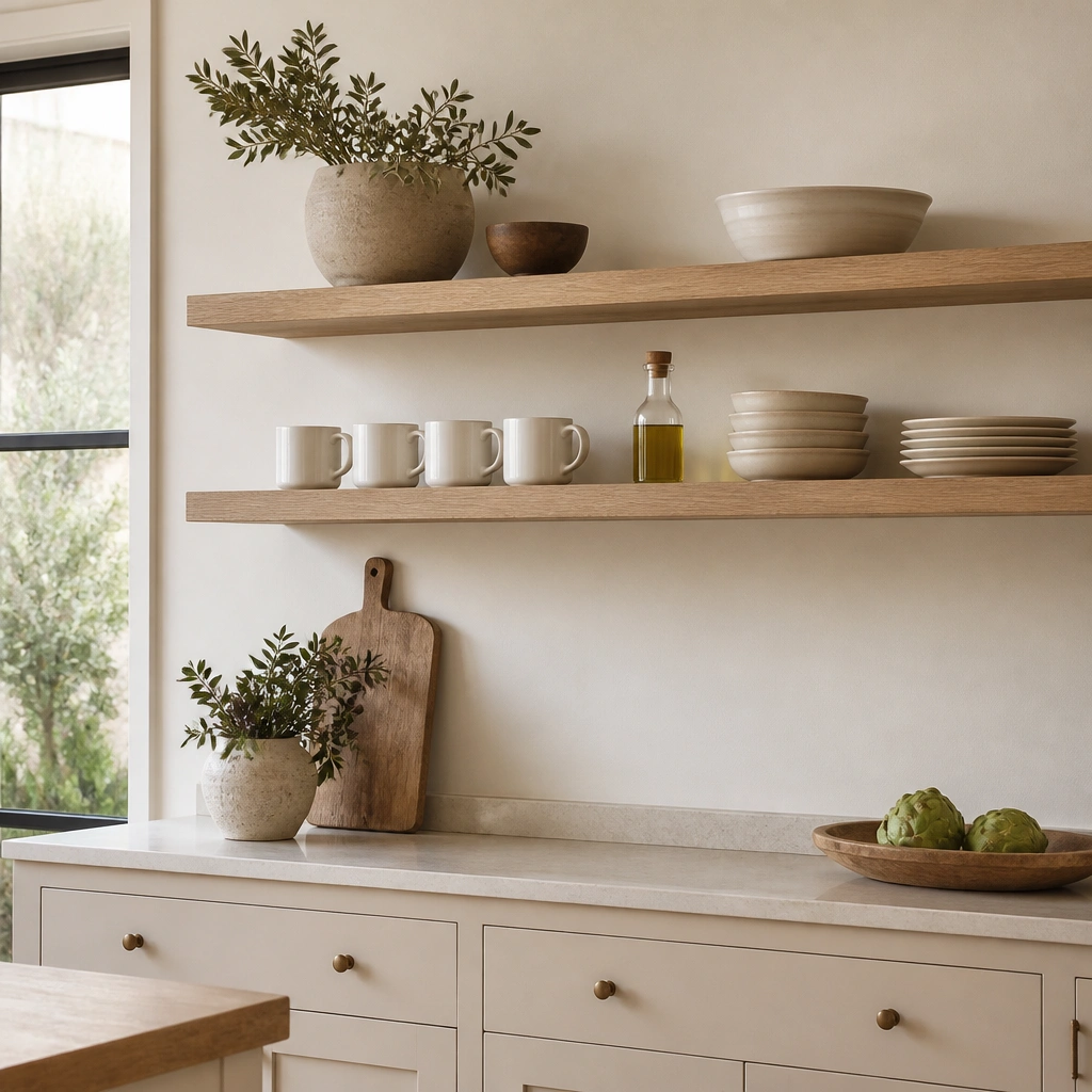 Open shelving in light oak mounted above a beige cabinet run. White mugs, a small olive oil bottle, and neatly stacked cream dishes sit on the shelves.