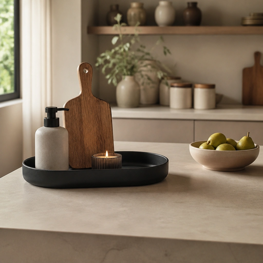 Kitchen counter in a beige tone with a matte black tray holding a soap dispenser, a wooden cutting board, and a small candle. Neutral jars and a simple fruit bowl.