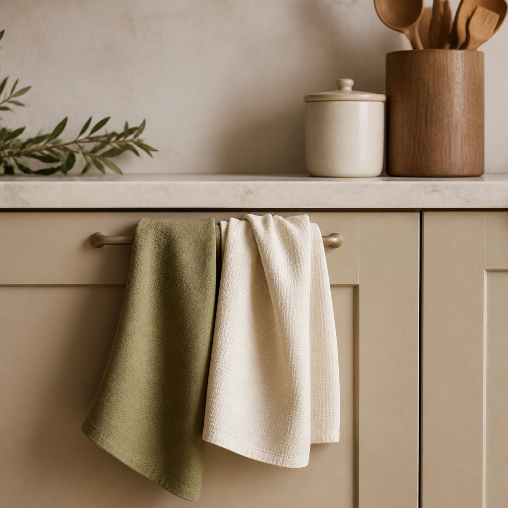 Two hanging kitchen towels in soft olive and cream on a beige cabinet handle. A small ceramic canister and a wooden utensil crock sit nearby.