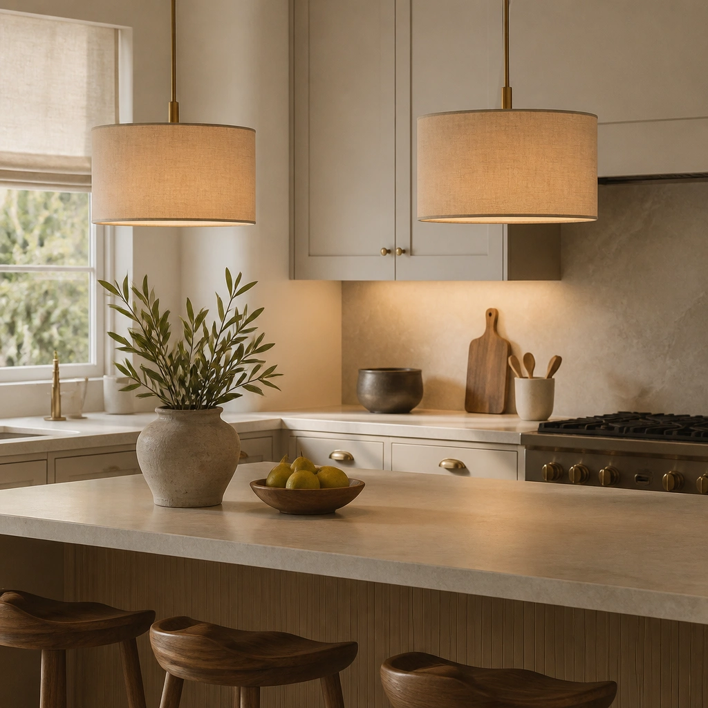 Beige kitchen with warm pendant lighting and a linen drum shade. Soft shadows on the backsplash and a subtle glow across the countertops.