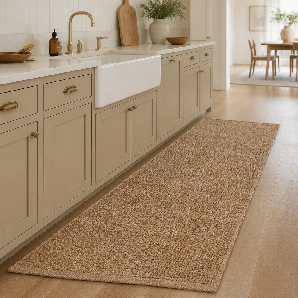 Runner rug in natural jute texture with beige backing placed in front of the sink. Beige cabinets and light wood floor visible.