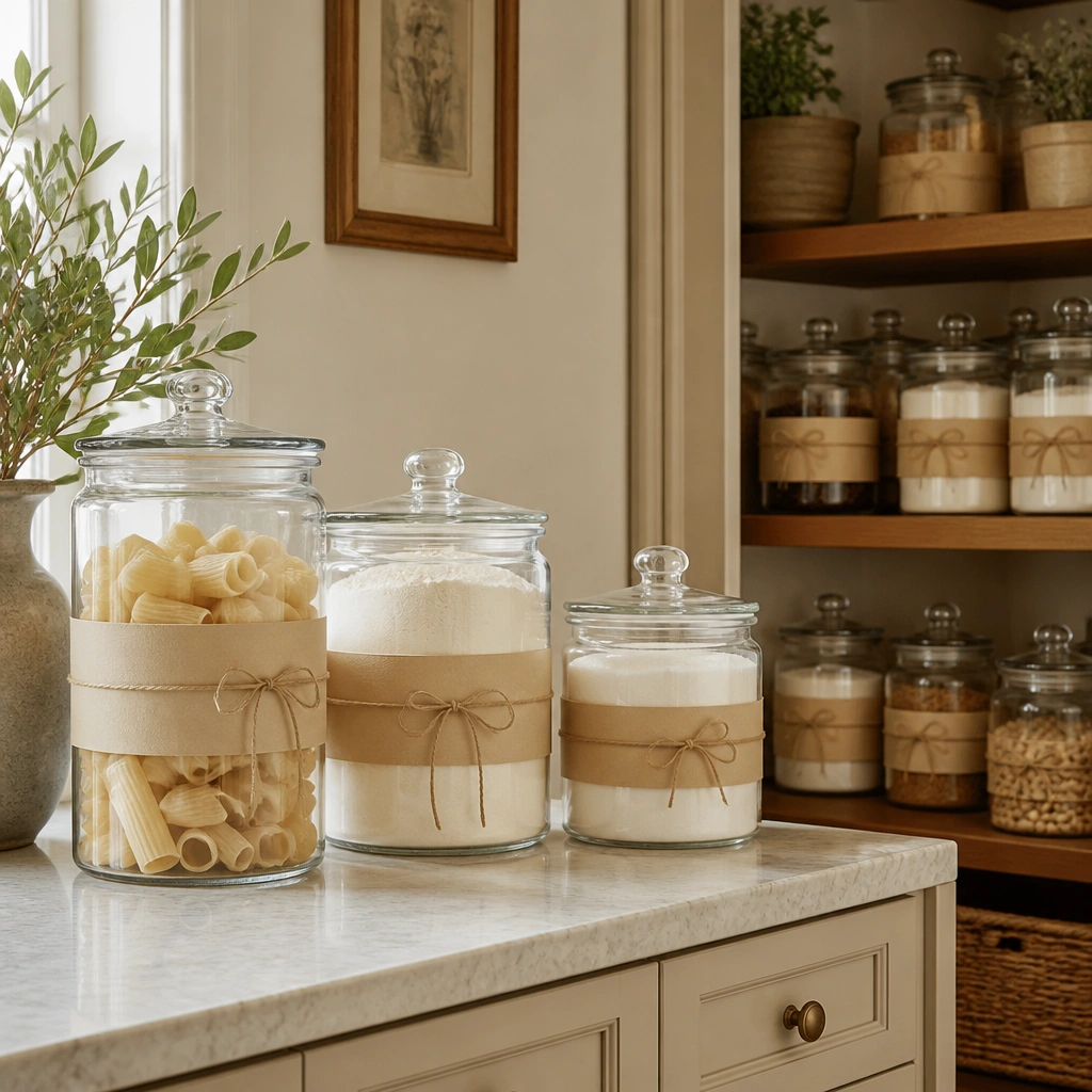 Countertop and pantry shelves with clear apothecary jars containing pasta, flour, and sugar. Beige labels and twine accents coordinate with beige cabinets.
