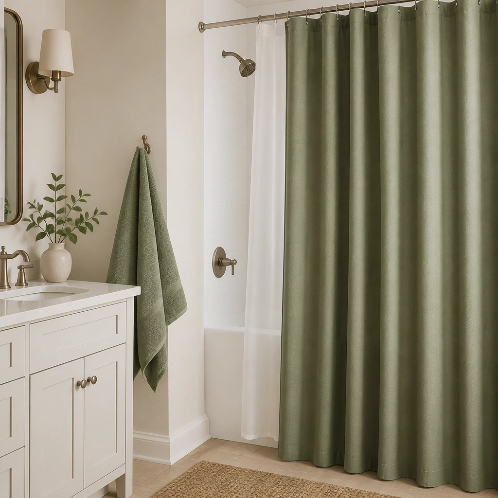 A small bathroom shower area with a sage green shower curtain hanging in front of a clear white shower liner; matching sage hand towel sits on a hook beside a white vanity.