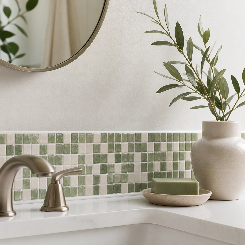 Close-up of a bathroom wall behind the sink with a narrow strip of peel-and-stick green and cream mosaic tiles; the rest of the wall is painted a soft white.