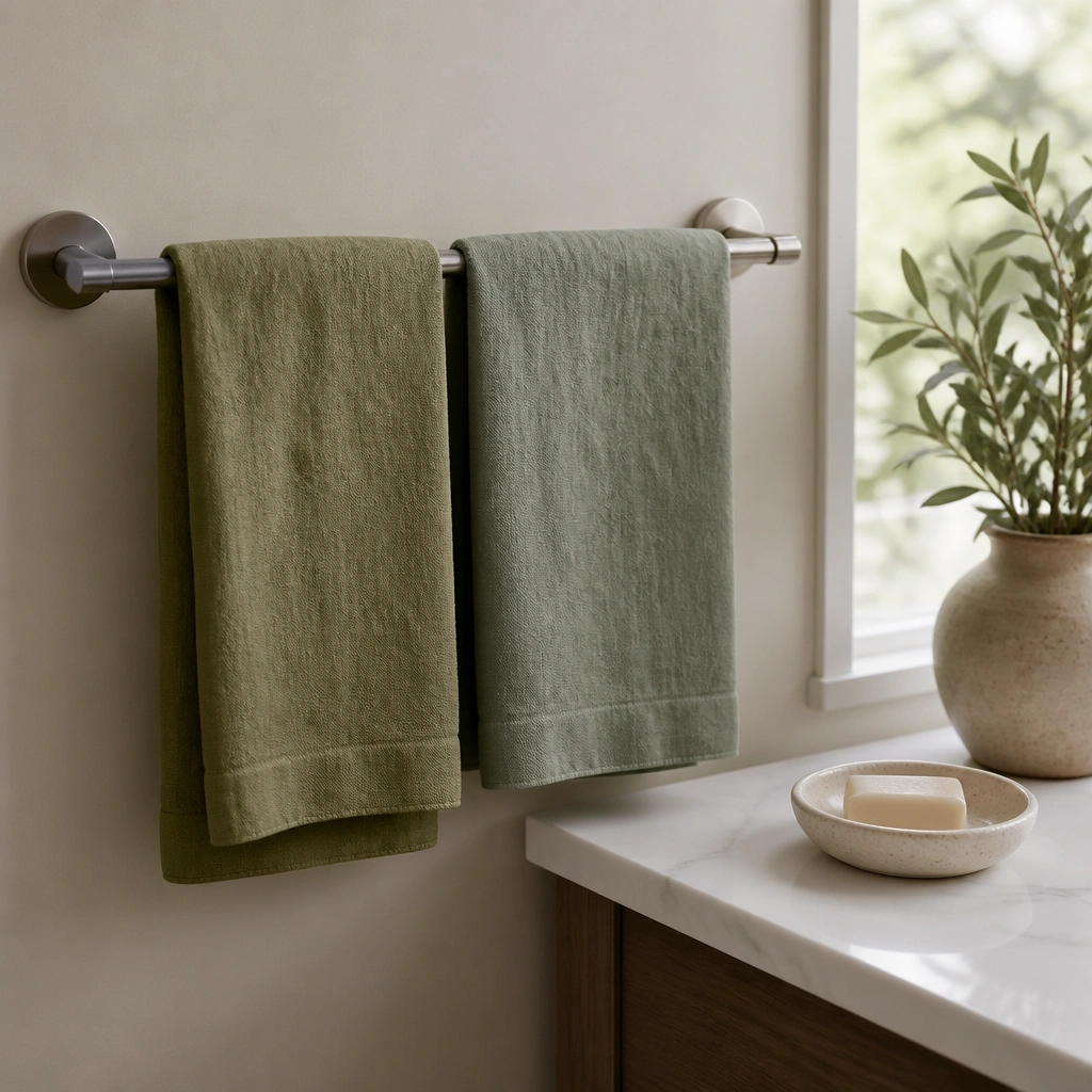 A bathroom towel bar holding two folded linen-look towels in soft olive and eucalyptus green; a white countertop holds a small ceramic soap dish.