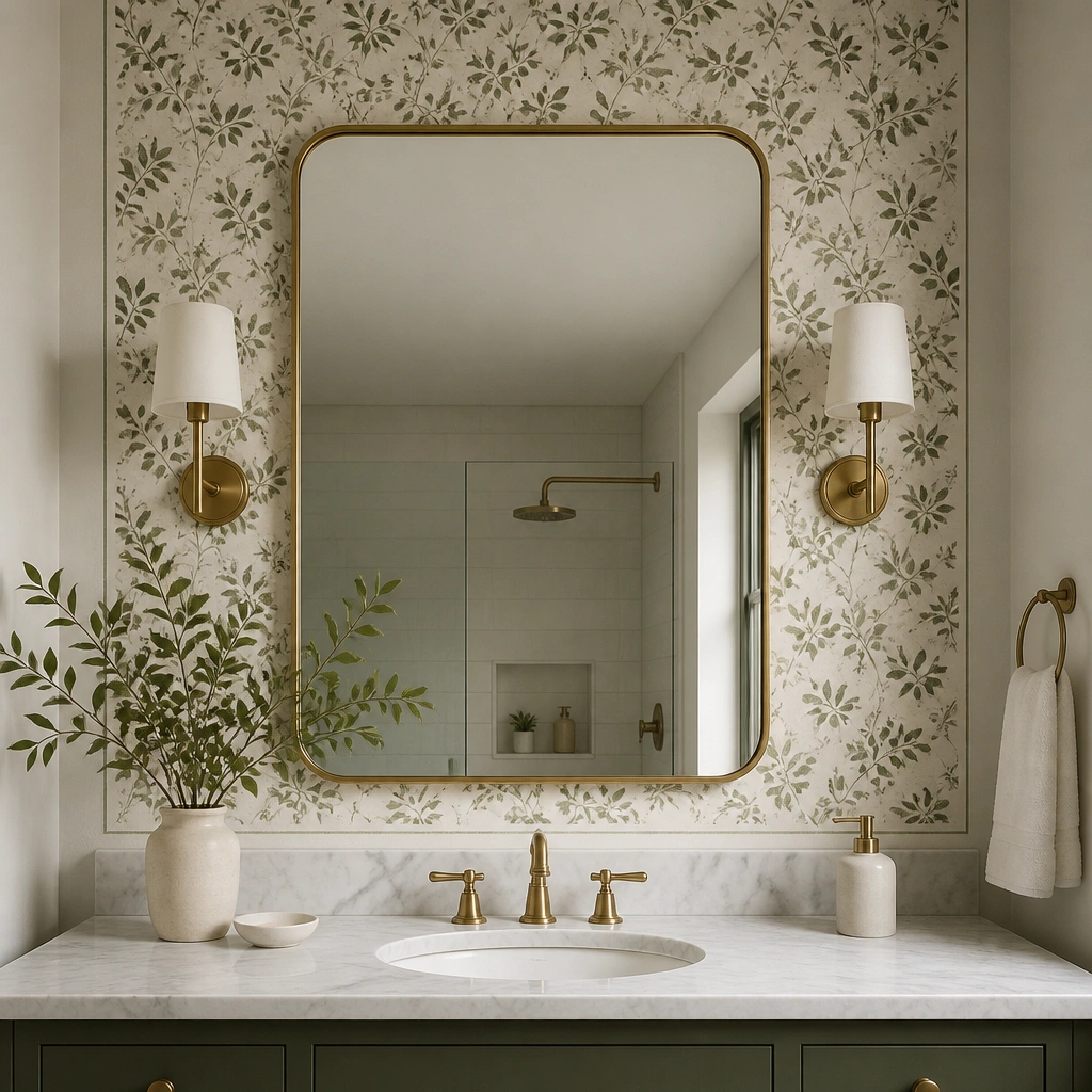 A bathroom mirror with removable botanical wallpaper framing it; the wallpaper shows small green leaves on a light background with a narrow border effect.