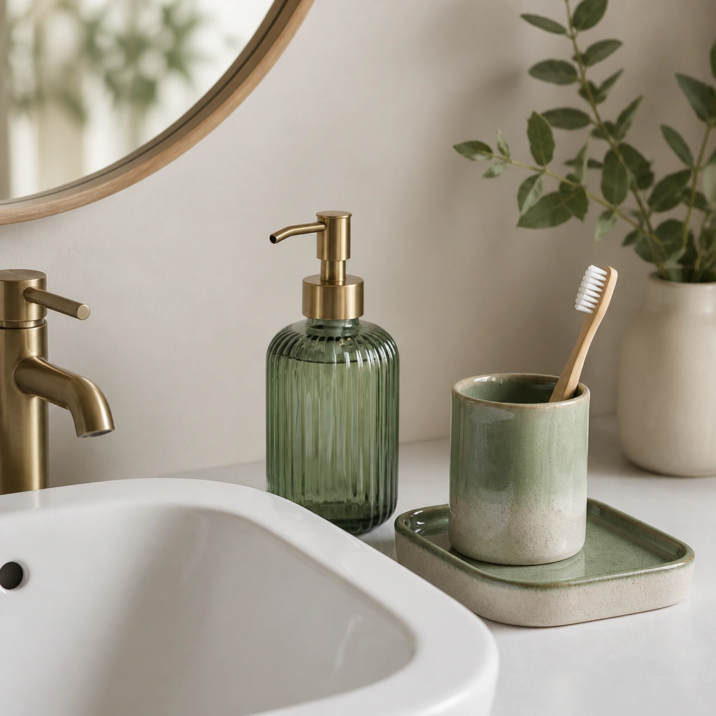 A white sink with a green glass soap dispenser and a matching small green-and-cream tray holding a toothbrush cup; everything sits neatly on a compact counter.
