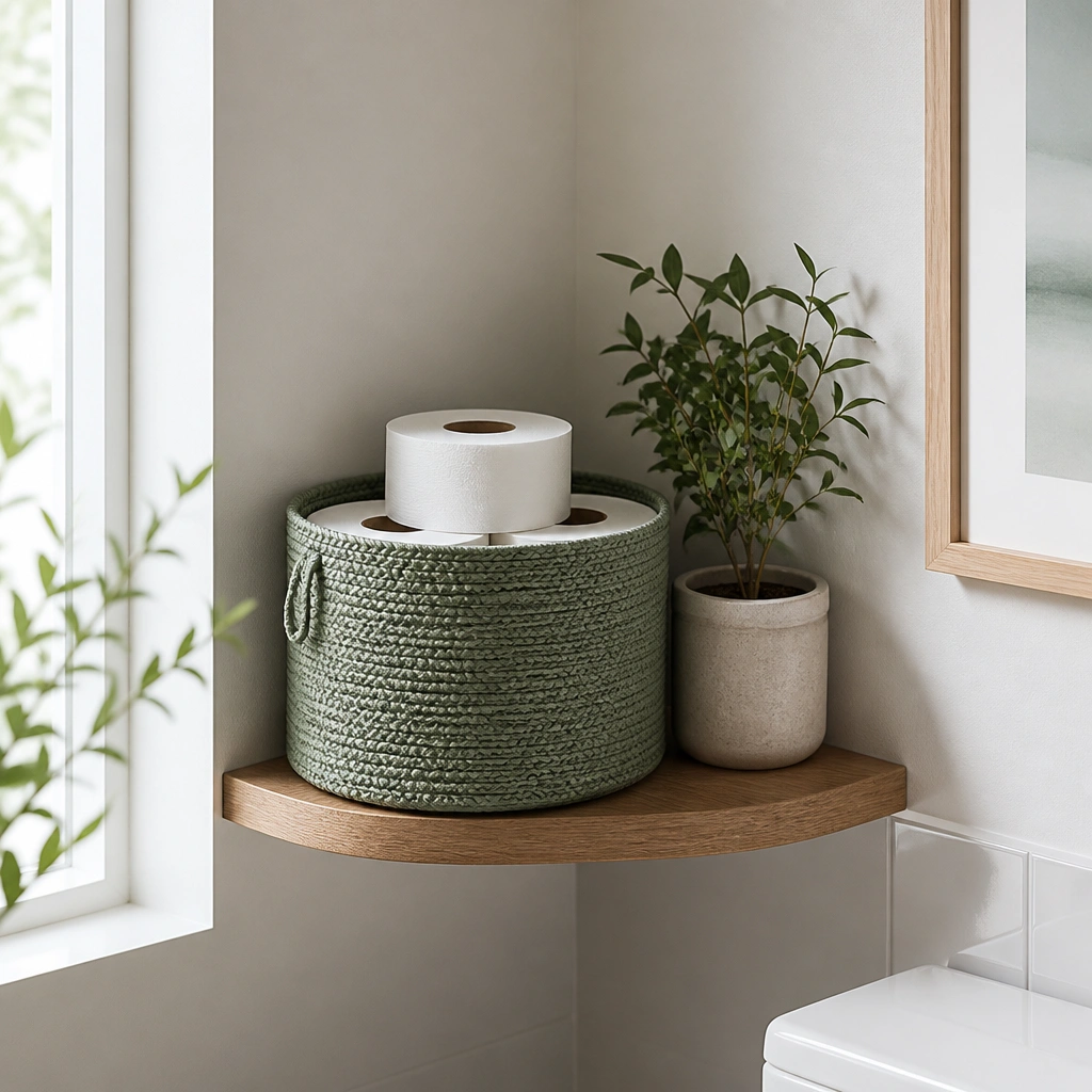 A corner shelf with a woven basket in muted green holding extra toilet paper; the basket sits next to a small potted plant on a white wall.