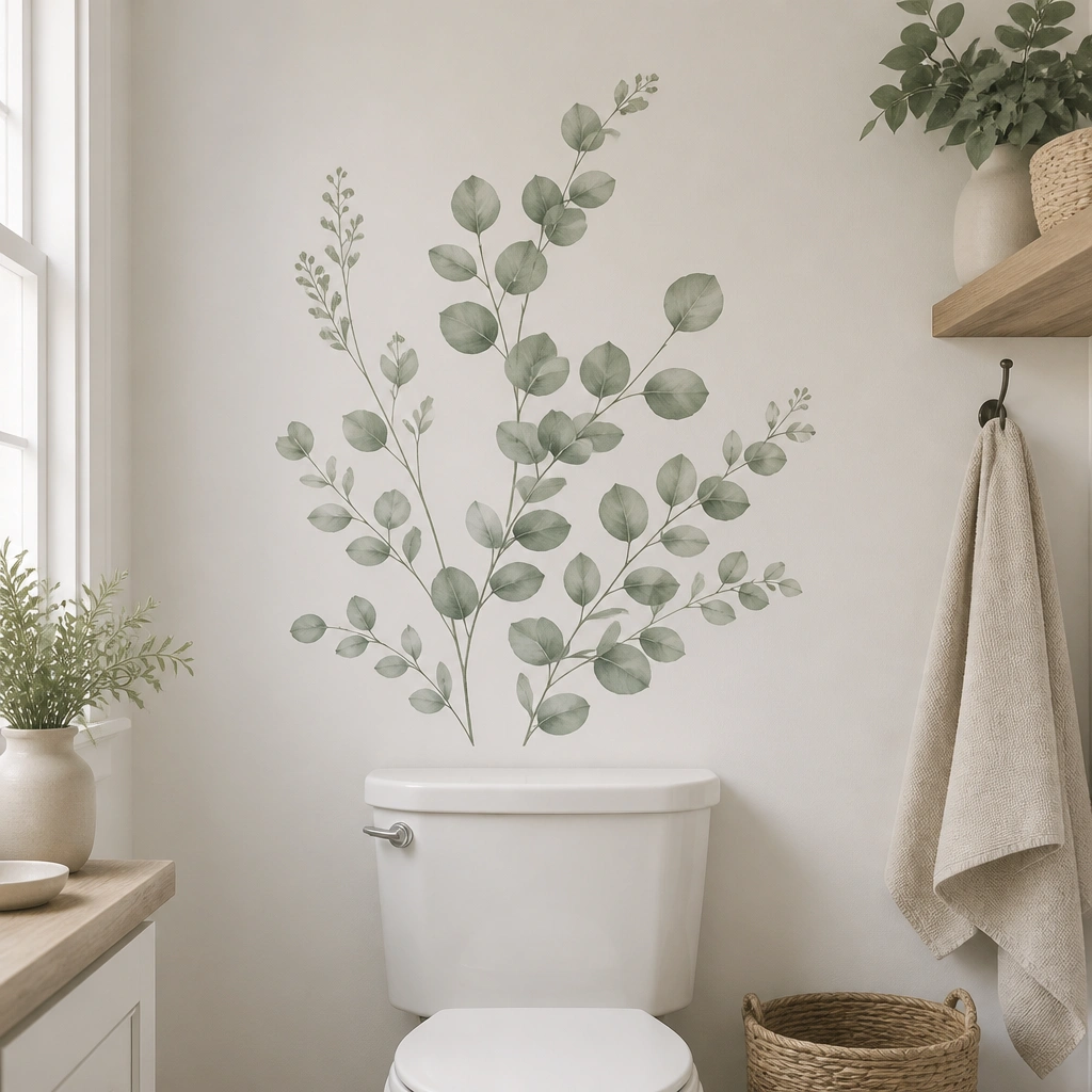 A bathroom wall above the toilet with a eucalyptus-leaf wall decal arrangement; the wall is painted warm white and the decal is a soft muted green.