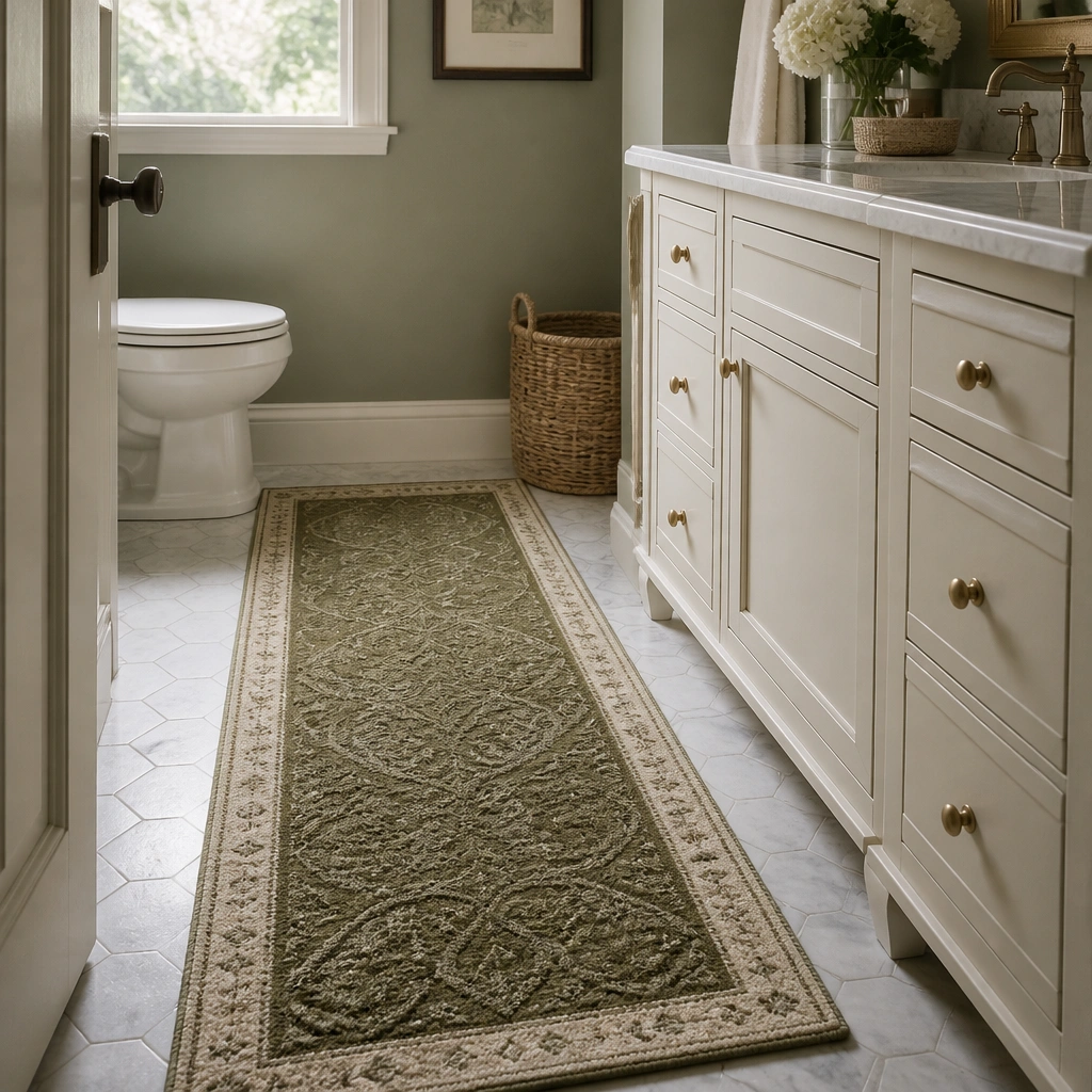 A small bathroom floor with an olive green runner rug; the rug has a textured pattern and a light neutral border, with a white vanity nearby.