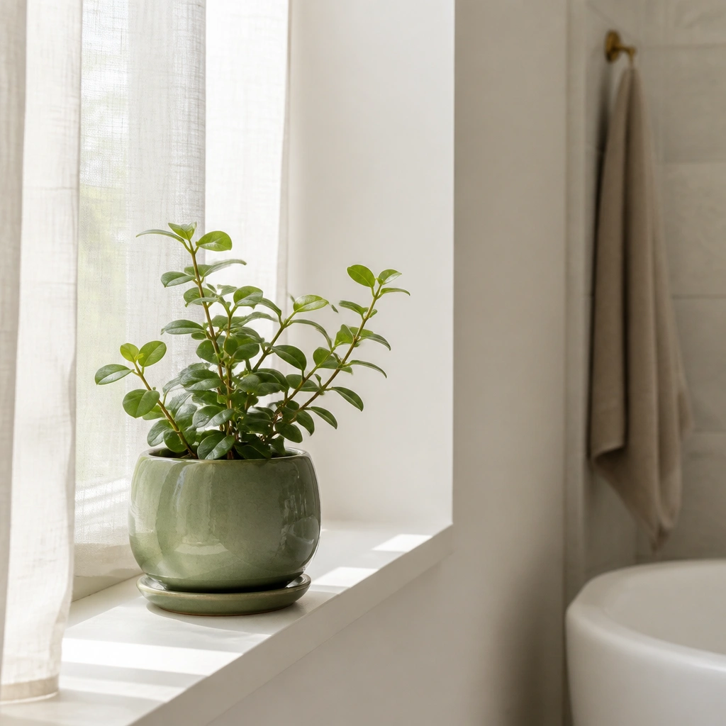 A windowsill with a green ceramic planter holding a small plant; behind it are sheer curtains and a bright, airy bathroom wall.