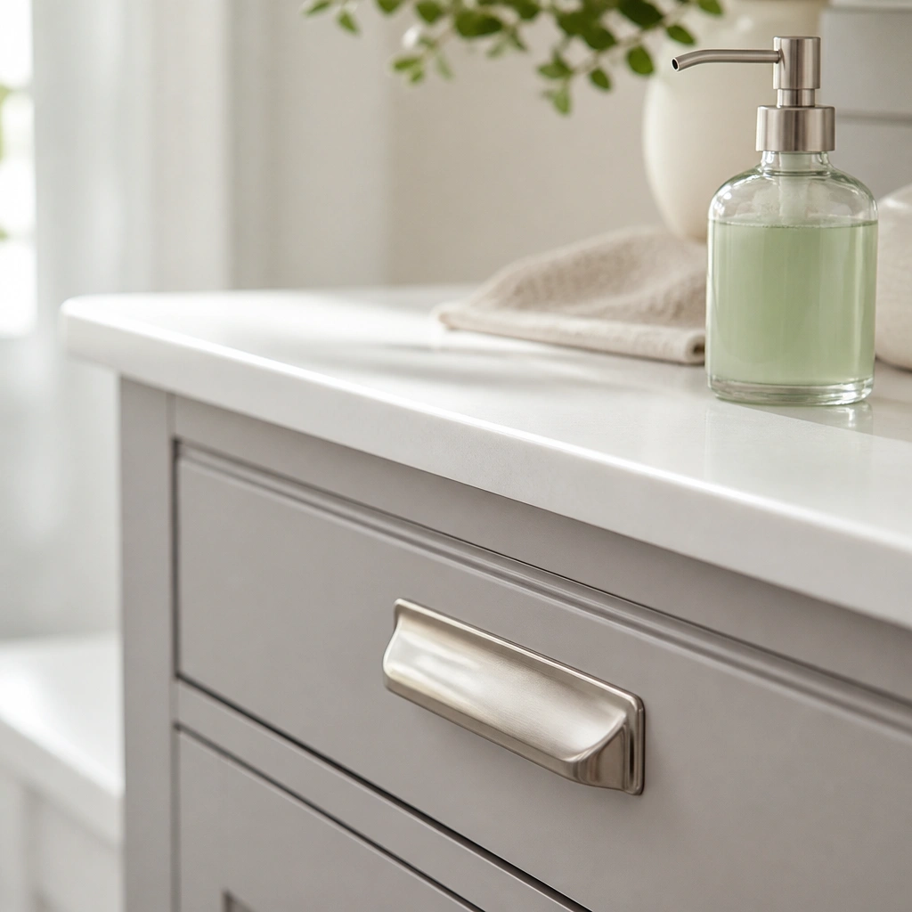A close view of a bathroom vanity drawer handle in brushed nickel; next to it is a small bottle of soft green hand soap on a white counter.