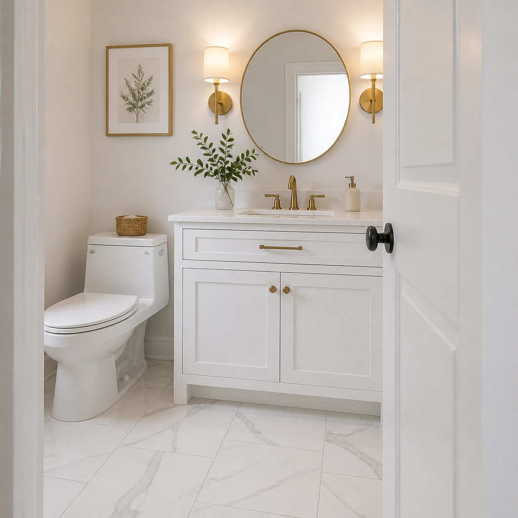 A bright half bathroom with white marble-look floor tile featuring soft gray veining, a small round mirror, and a simple white vanity. The grout lines look neat and sealed, with warm lighting casting gentle highlights.