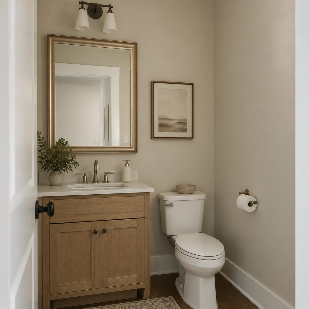 A small half bathroom painted in a warm greige eggshell tone. The walls are smooth and uniform, with a white trim line and a framed mirror reflecting soft, even light.