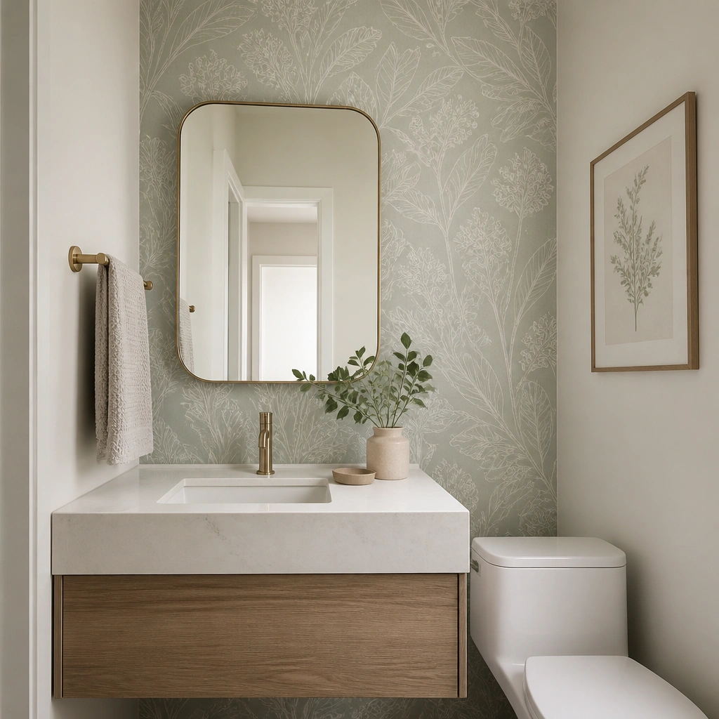 A half bathroom with wallpaper only on the wall behind the sink. The pattern is a subtle botanical line-drawing in muted sage and cream, with a clean cut around the mirror and towel bar.