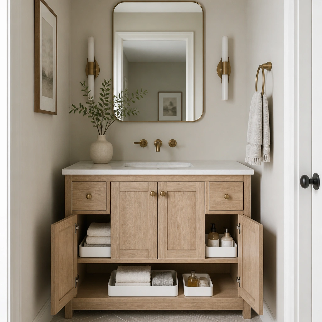 A compact half bathroom vanity with cabinet doors and drawers. Inside, simple white drawer organizers hold folded towels and small bottles; the top surface stays clear.