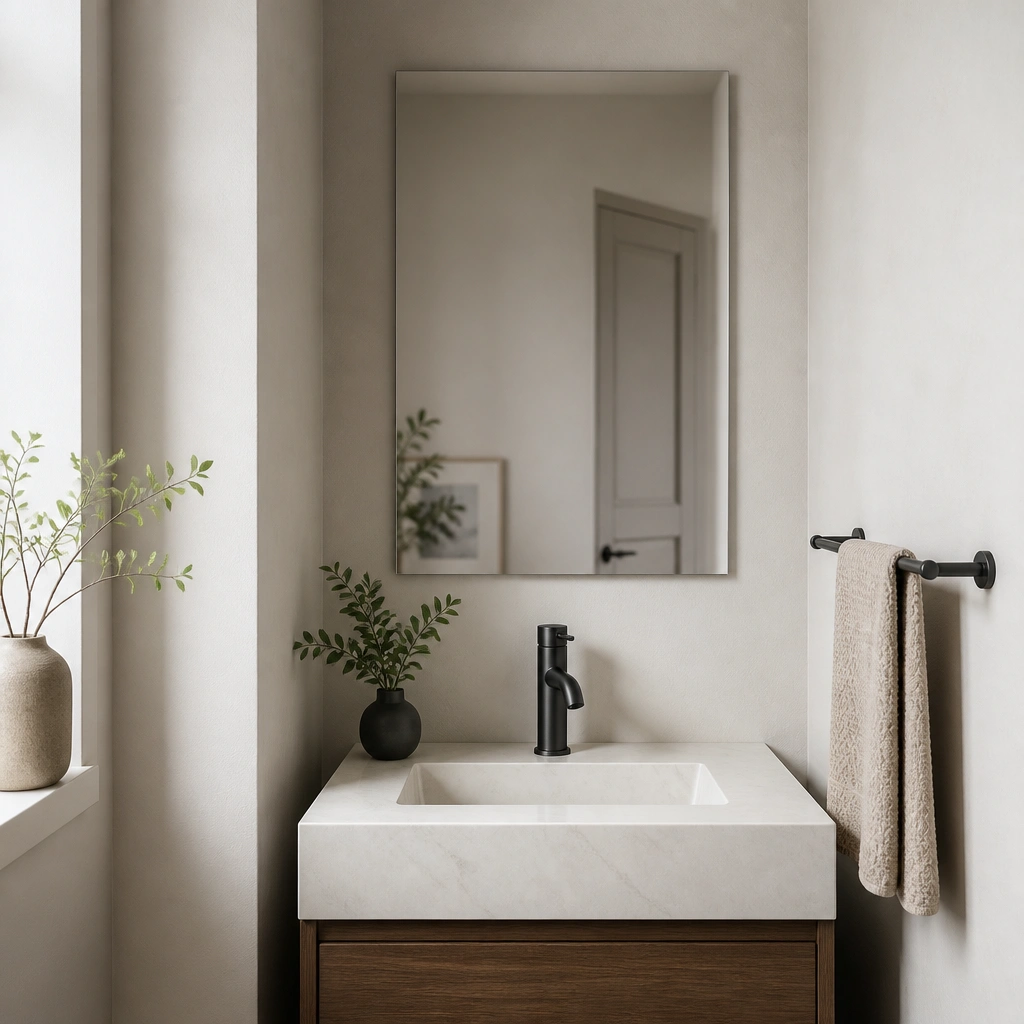 A half bathroom sink with a brushed nickel or matte black faucet and matching towel bar. The metal finish looks uniform with no shiny glare, and the mirror is clean and frameless.
