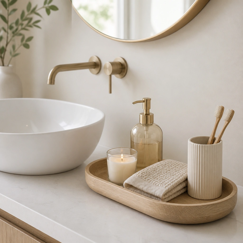 A white vessel sink with a neutral wood tray on the counter. On the tray: a pump soap bottle, a small candle in a glass jar, and a folded hand towel tucked beside a toothbrush holder.