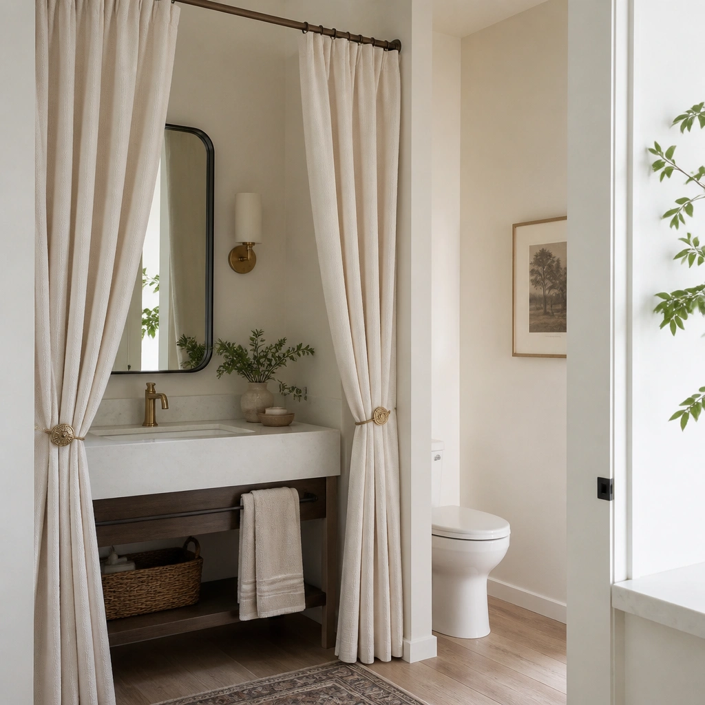 A half bathroom with a curtain-style divider near the sink area using a textured, light neutral fabric. The curtain looks clean and lightly structured, with a simple rod and small decorative tiebacks.