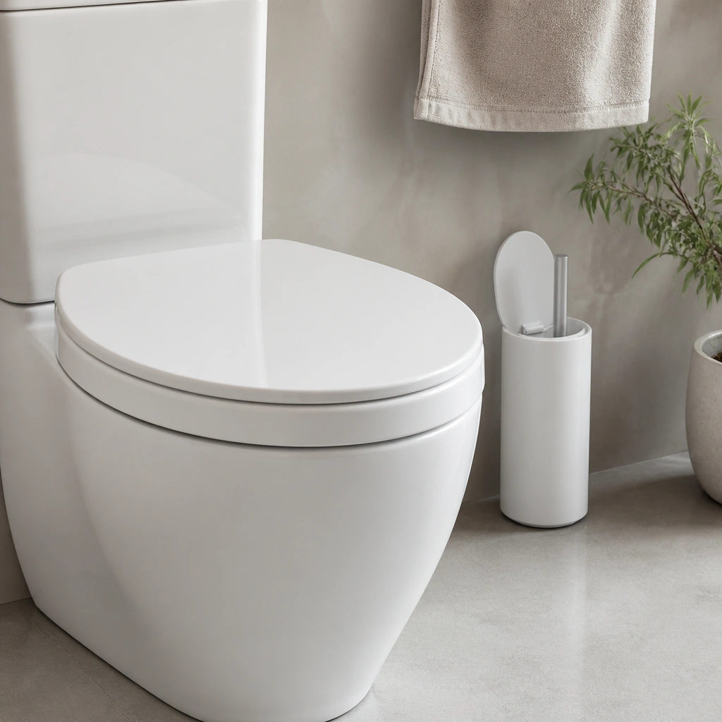 A close-up of a toilet with a modern slow-close seat in a clean white finish. Nearby is a compact, closed toilet brush holder with an open-and-close lid for a tidy look.