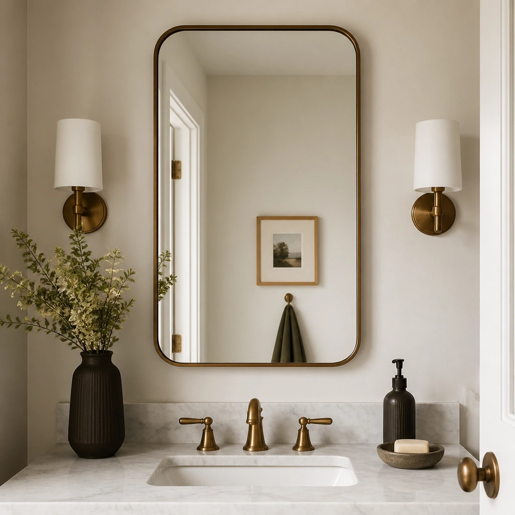 A half bathroom mirror with a thin wood or matte metal frame. The mirror reflects the vanity area, and the edges look sealed with no visible bubbling or peeling.