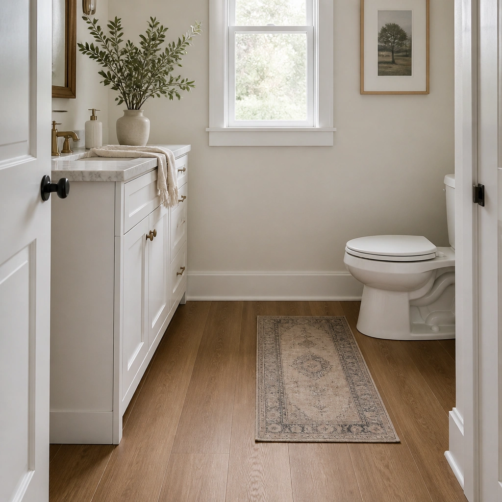 A half bathroom with warm oak-toned vinyl plank flooring. The planks look seamless with realistic grain detail, paired with a white vanity and a small area rug runner near the toilet.