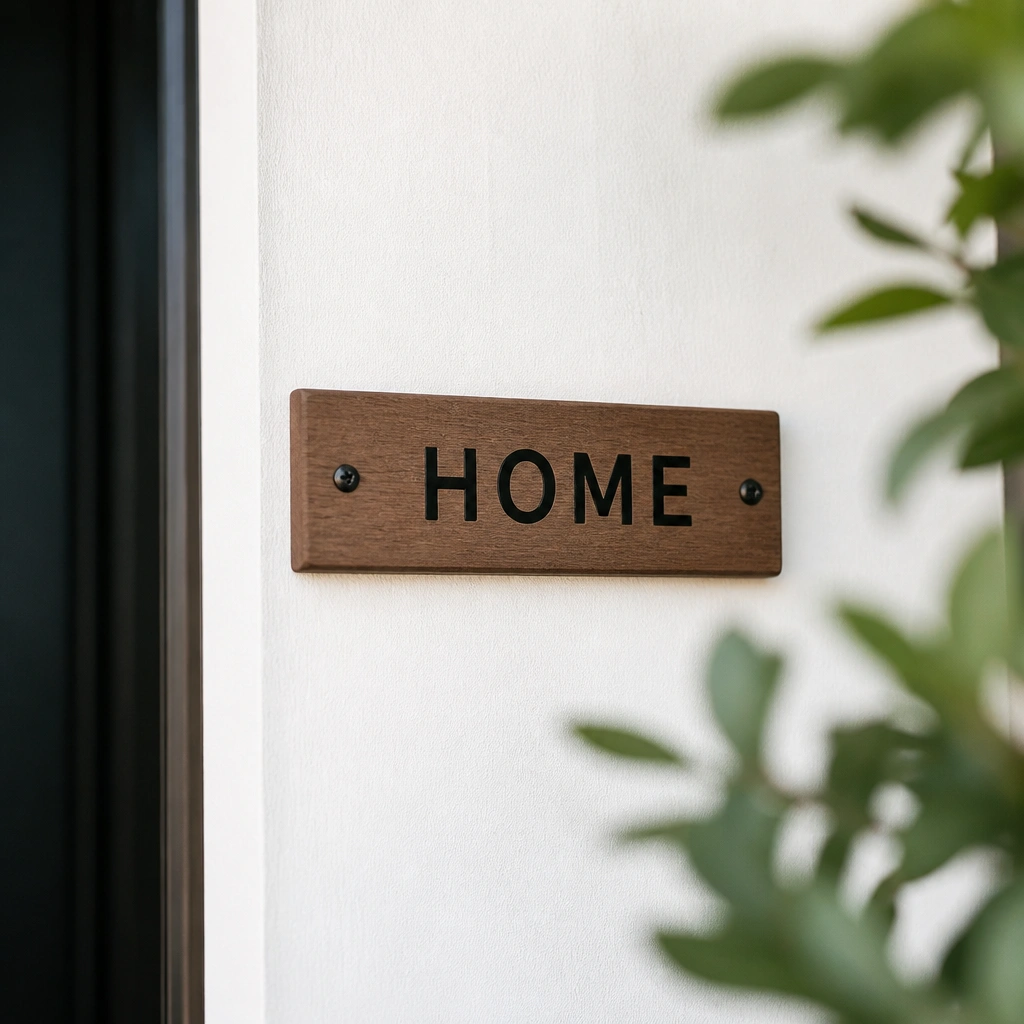 A rectangular name plate made from a narrow wood slat, stained warm walnut, with crisp black vinyl letters reading “HOME” centered. The edges are lightly sanded and the plate is mounted with two small screws on a white entry wall.
