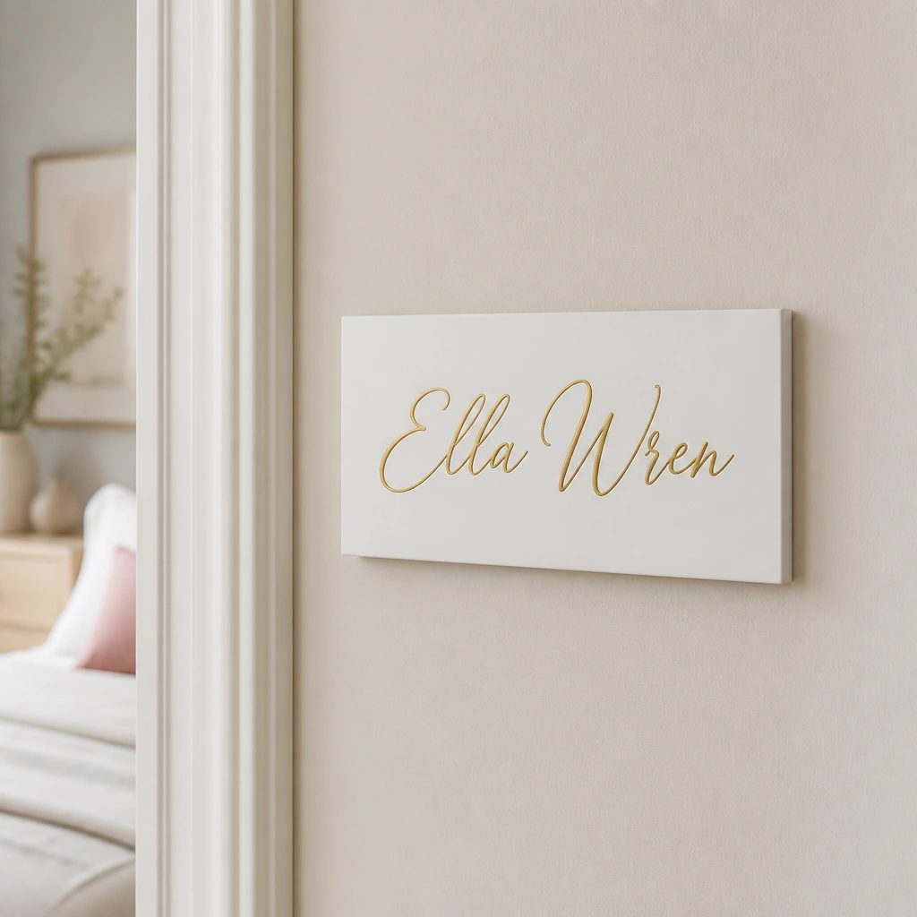 A small white rectangular plaque mounted near a doorframe, with elegant gold cursive vinyl spelling “Ella Wren.” The background wall is light beige, and the plaque sits at eye level.