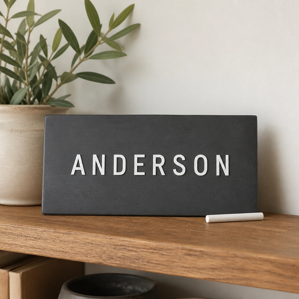 A small matte dark gray plaque with a chalkboard finish, featuring white peel-and-stick letters spelling a family name. A small piece of chalk is placed beside it on a shelf.