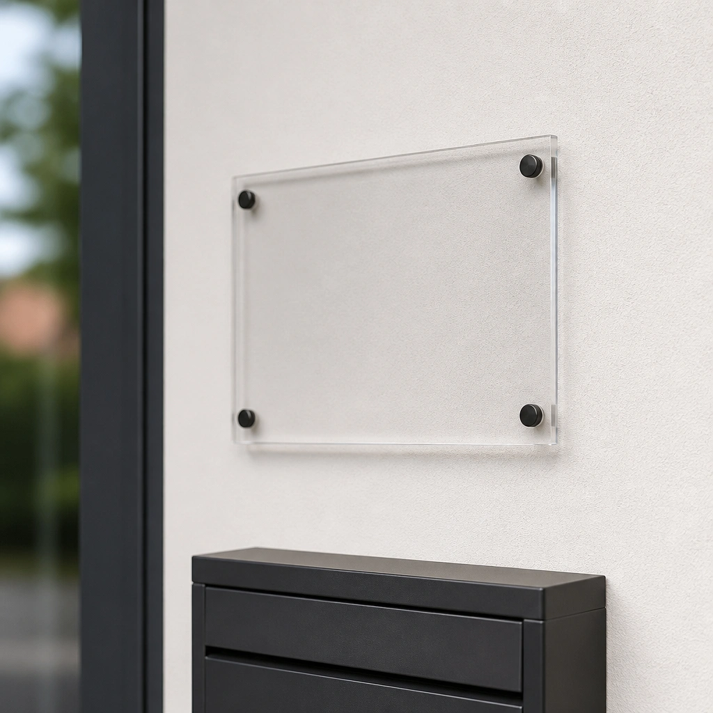 A clear acrylic rectangle mounted with standoffs, with black vinyl text centered on the back side. The plate is attached above a small mailbox area, with clean, modern lines.