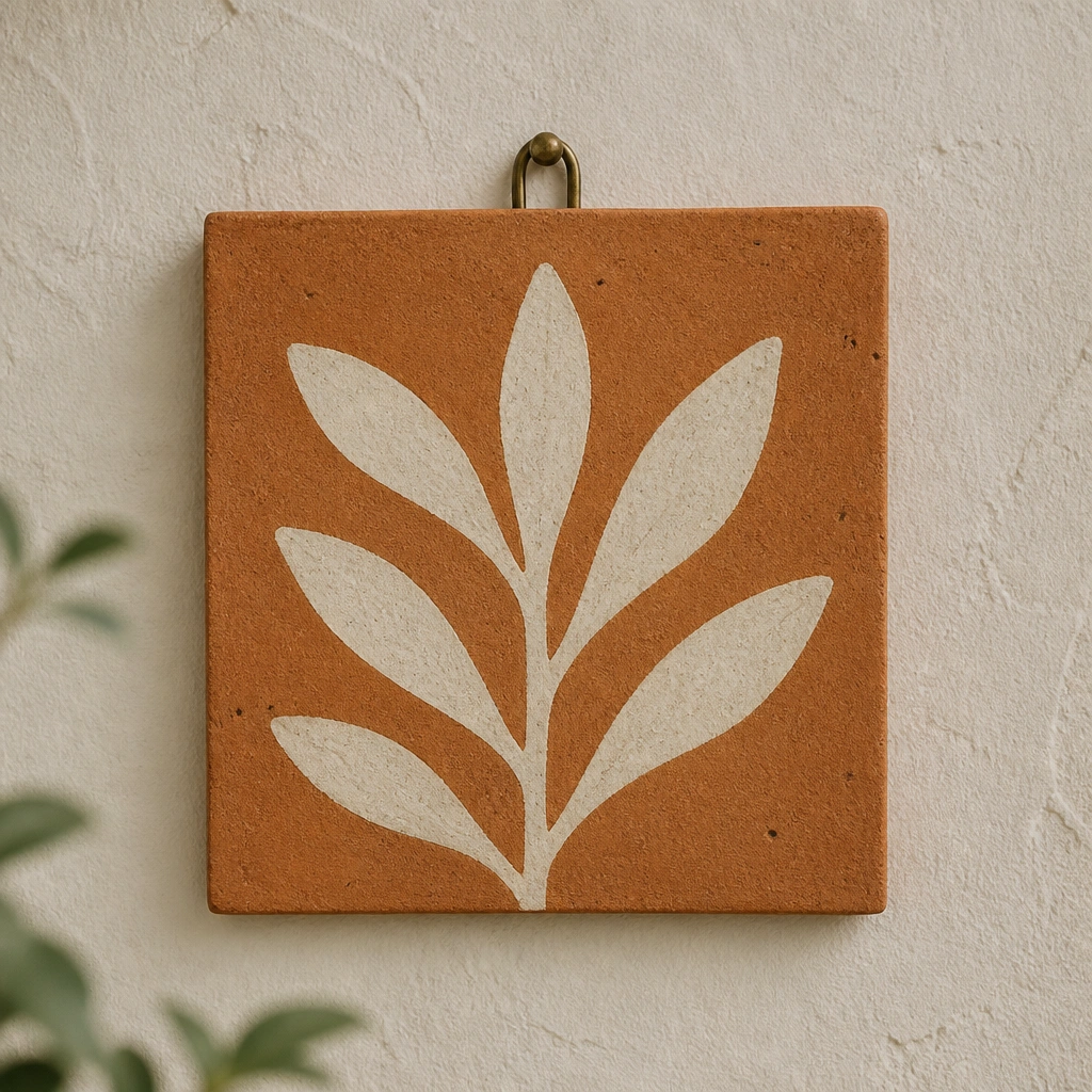 A terracotta square tile mounted on a wall with a small metal hook, painted letters in a creamy off-white color. The tile shows natural speckles and a slightly uneven handmade texture.