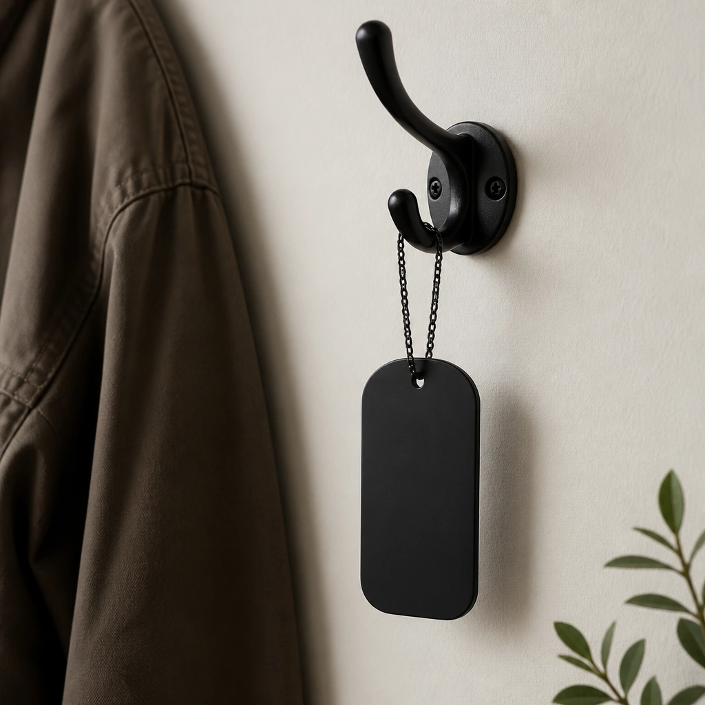 A matte black metal tag-style plaque with a small hole at the top, hanging by a thin black chain. White vinyl letters are centered, and the tag sits beside a coat hook.