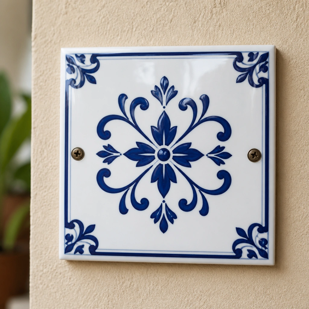 A glossy ceramic tile plaque mounted with two small screws, with navy painted letters on a white background. The tile reflects light slightly and looks smooth and clean.
