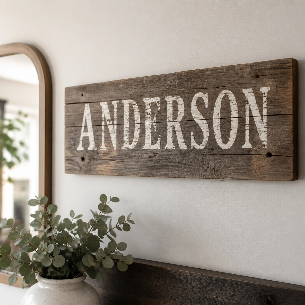 A reclaimed wood board with visible grain and natural knots, mounted horizontally. Distressed off-white vinyl letters read a family name, and the board sits on a neutral wall near a mirror.