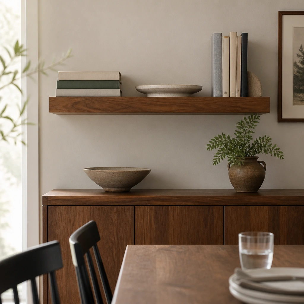 A warm wood book ledge installed above a dining cabinet, with three stacked hardcovers, a small ceramic tray, and a few cookbooks standing upright. The background shows neutral walls and a dining table edge in soft daylight.