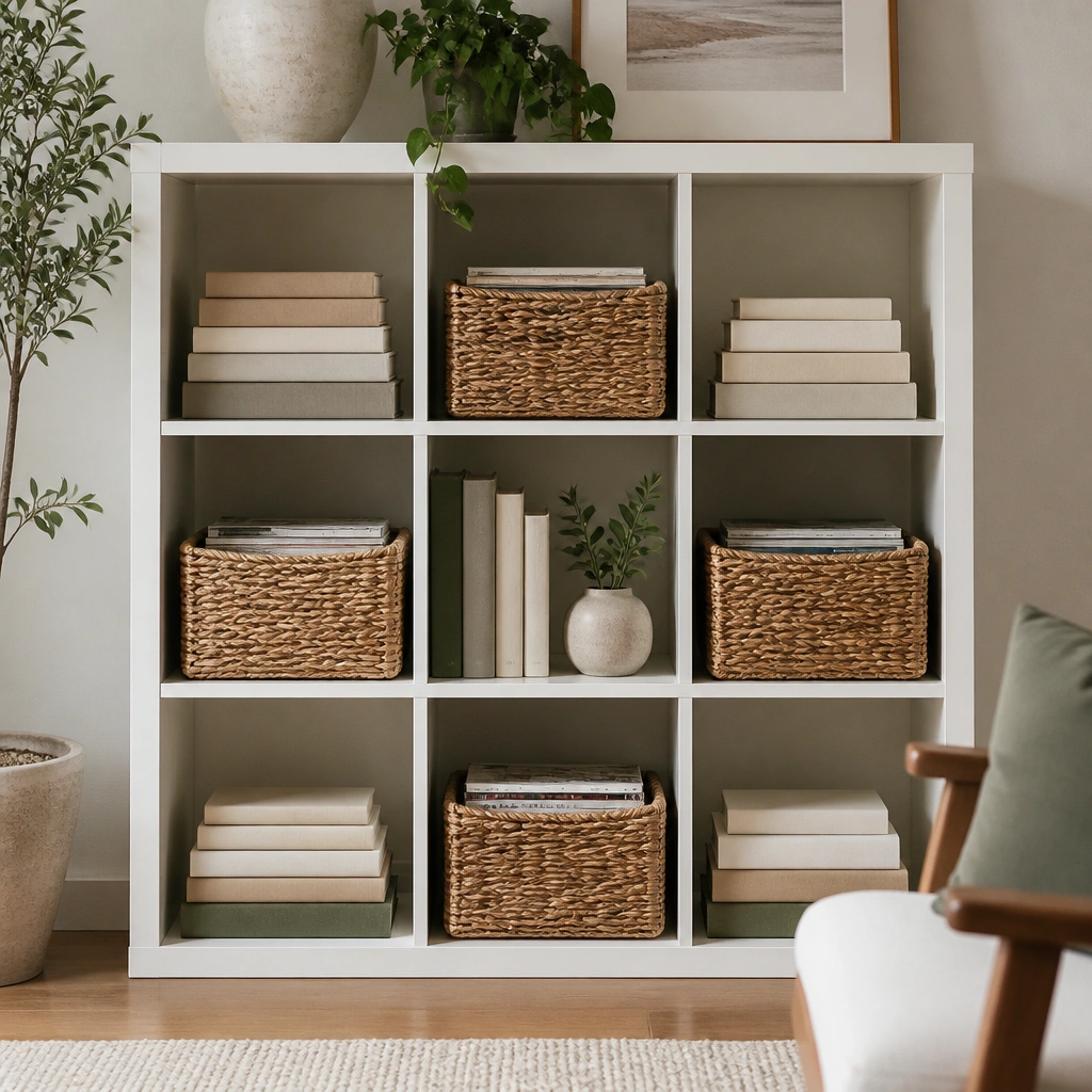 A white cube shelf with 9 compartments. Each cube contains either a neatly stacked book set or a woven basket holding magazines. A few upright books act as cover accents near the center.