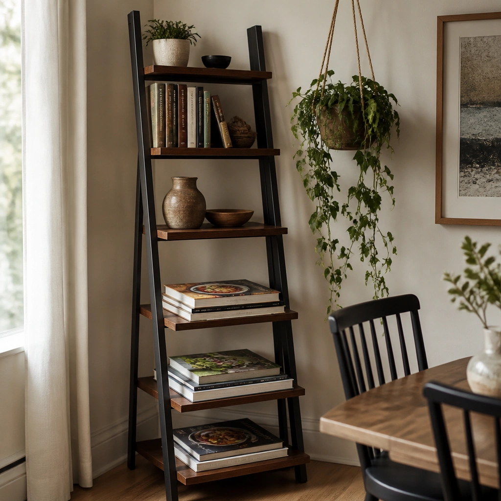 A slim ladder-style shelf near a dining corner. Wider wooden steps hold large cookbooks lying flat, while smaller books stand vertically on the upper steps. A hanging plant sits beside it.