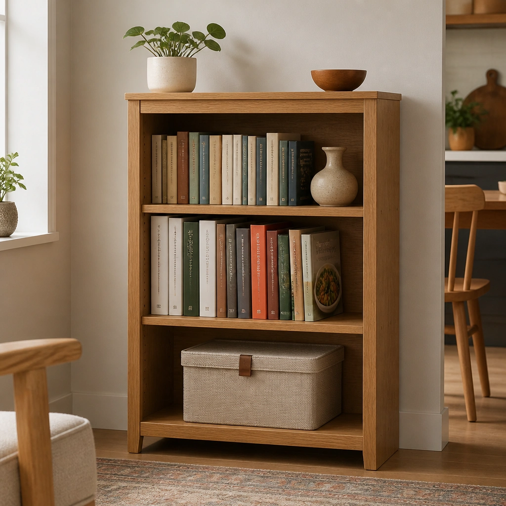 A compact bookcase with adjustable shelves showing cookbooks on the middle level, smaller novels on the top, and a bottom shelf holding a closed storage bin. The finish is a warm oak tone.